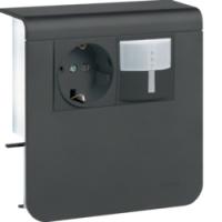 Держатель устройств c розеткой Schuko (L+N+PE) 16A 250A AC и выключателем с датчиком движения, для профиля 20х80 мм, без доп. накладки, PC/ABS безгалоген., RAL9011 графитово-чёрный . Hager SL
