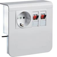 Держатель устройств c розеткой Schuko (L+N+PE) 16A 250A AC и для громкоговорителей (4 проводника до 6мм2;), для профиля 20х80 мм, без доп. накладки, PC/ABS безгалоген., RAL9010 чисто-белый . Hager SL