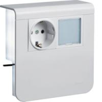Держатель устройств c розеткой Schuko (L+N+PE) 16A 250A AC и светодиодным табло 230В, для профиля 20х80 мм, без доп. накладки, PC/ABS безгалоген., RAL9010 чисто-белый . Hager SL