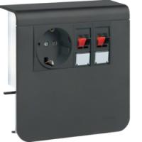 Держатель устройств c розеткой Schuko (L+N+PE) 16A 250A AC и для громкоговорителей (4 проводника до 6мм2;), для профиля 20х80 мм, без доп. накладки, PC/ABS безгалоген., RAL9011 графитово-чёрный . Hager SL