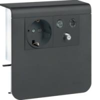Держатель устройств c розеткой Schuko (L+N+PE) 16A 250A AC и RTV/SAT оконечной, 4-862 МГц /4-2400 МГц, для профиля 20х80 мм, без доп. накладки, PC/ABS безгалоген., RAL9011 графитово-чёрный . Hager SL
