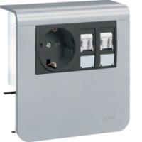 Держатель устройств с розеткой Schuko (L+N+PE) 16A 250A AC и 2хRJ45 Кат.6, для профиля 20х80 мм, без доп. накладки, PC/ABS безгалоген., цвет алюминий . Hager SL