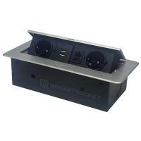 Розетка горизонтальная выдвижная 2 Euro 16A, 2 USB A с блоком 5В/2.1А, RJ45 RocketSocket, цвет серый