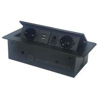 Розетка горизонтальная выдвижная 2 Euro 16A, 2 USB A с блоком 5В/2.1А, RJ45 RocketSocket, цвет черный