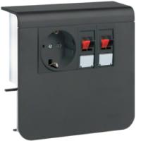 Держатель устройств c розеткой Schuko (L+N+PE) 16A 250A AC и для громкоговорителей (4 проводника до 6мм2;), для профиля 20х55 мм, без доп. накладки, PC/ABS безгалоген., RAL9011 графитово-чёрный . Hager SL