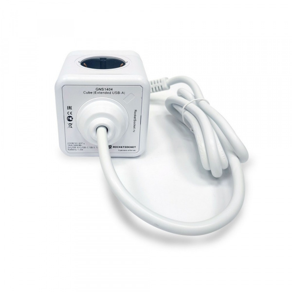 Удлинитель Cube Extended 4 Euro 16A, 2 USB A с блоком 5В/2.1А, кабель 1,5м RocketSocket, цвет белый-серый