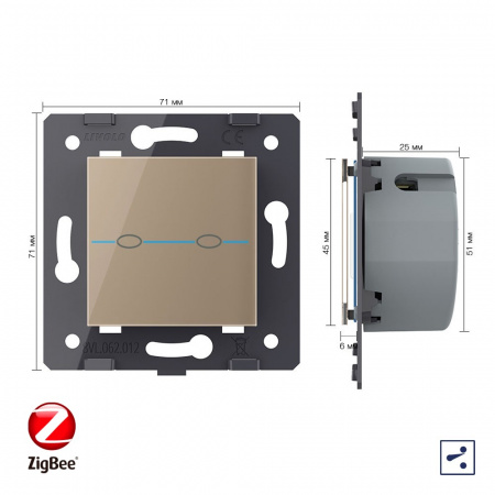 Двухклавишный проходной сенсорный выключатель Livolo ZigBee Quadro, цвет золотой (механизм)