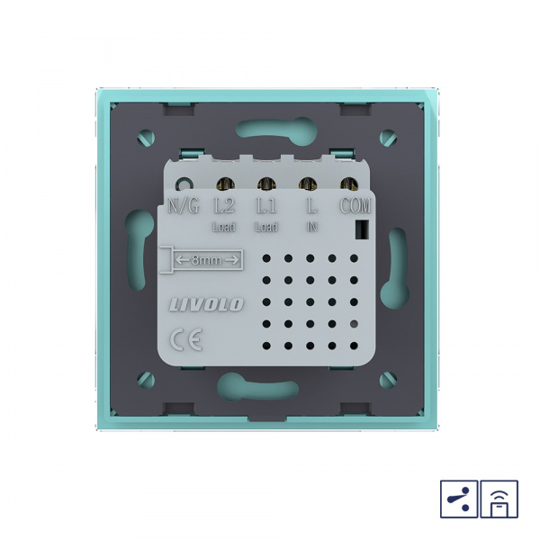 Двухклавишный проходной сенсорный выключатель Livolo Module с функцией радиоуправления, цвет зеленый