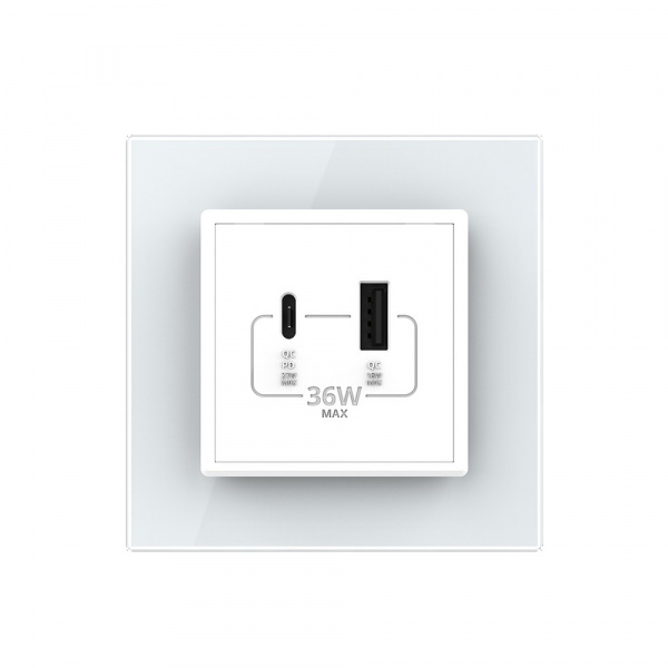 Розетка USB type C+A с блоком питания 36W Livolo 1 пост Белая VL-C7VUA18W.UC18W-2WP