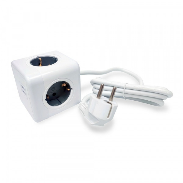 Удлинитель Cube Extended 4 Euro 16A, 2 USB A с блоком 5В/2.1А, кабель 1,5м RocketSocket, цвет белый-серый