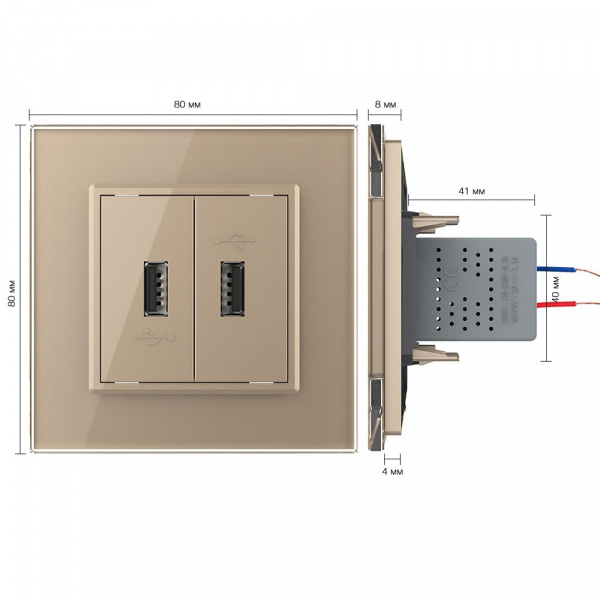 Розетка двойная USB LIVOLO с блоком питания 5В 2.1А золотая VL-C792USB-13