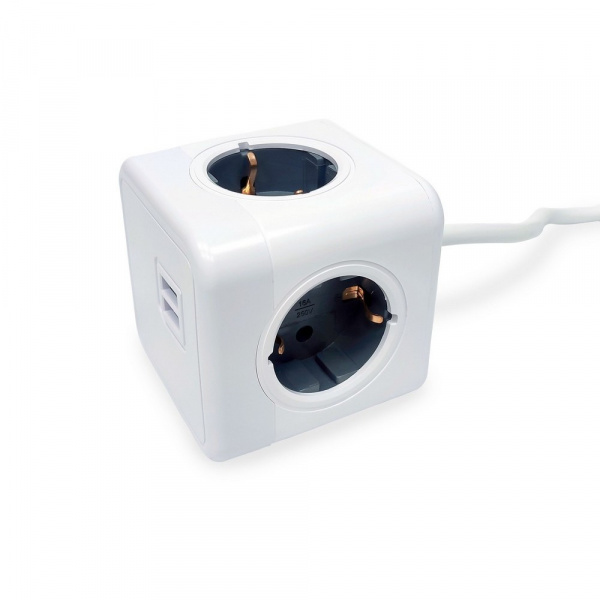 Удлинитель Cube Extended 4 Euro 16A, 2 USB A с блоком 5В/2.1А, кабель 1,5м RocketSocket, цвет белый-серый
