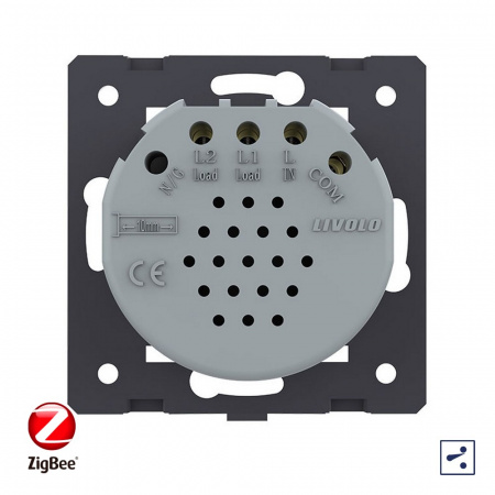 Двухклавишный проходной сенсорный выключатель Livolo ZigBee Quadro, цвет золотой (механизм)