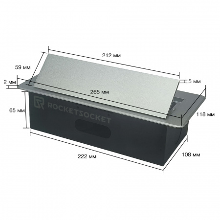 Розетка горизонтальная выдвижная 2 Euro 16A, USB type A+C с блоком 18W RocketSocket, цвет серый