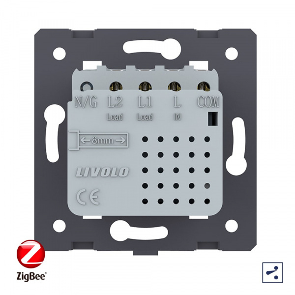 Двухклавишный проходной сенсорный выключатель Livolo ZigBee Module, цвет серый (механизм)