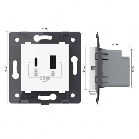 Розетка USB type C+A с блоком питания 36W Livolo, цвет белый (механизм) VL-FCUA18W.UC18W-2WP
