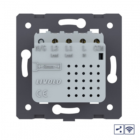 Двухклавишный проходной сенсорный выключатель Livolo Module с функцией радиоуправления, цвет золотой (механизм)