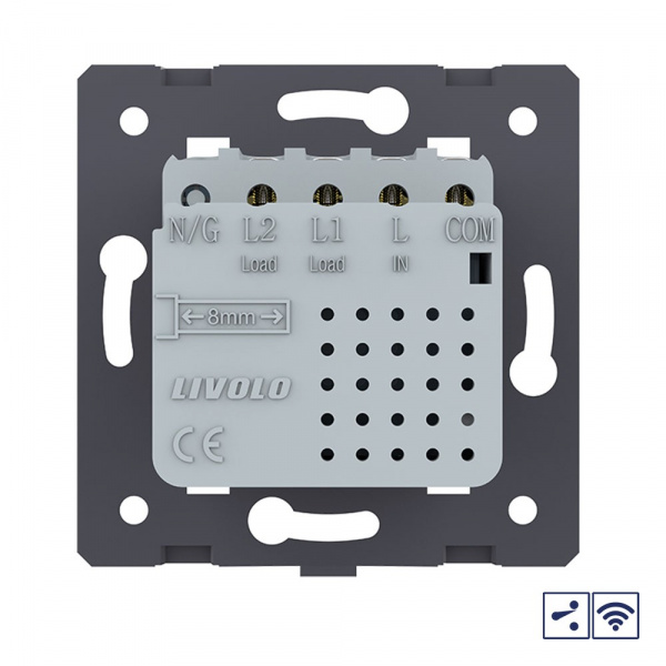 Двухклавишный проходной сенсорный выключатель Livolo Module с функцией радиоуправления, цвет золотой (механизм)