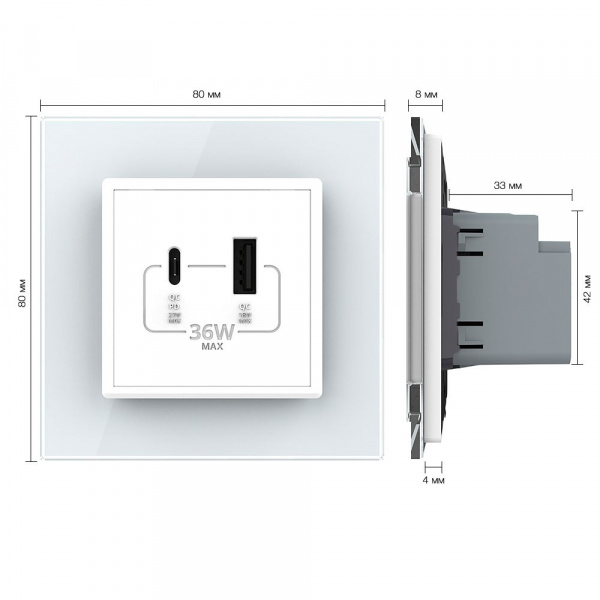 Розетка USB type C+A с блоком питания 36W Livolo 1 пост Белая VL-C7VUA18W.UC18W-2WP