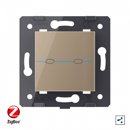 Двухклавишный проходной сенсорный выключатель Livolo ZigBee Quadro, цвет золотой (механизм)