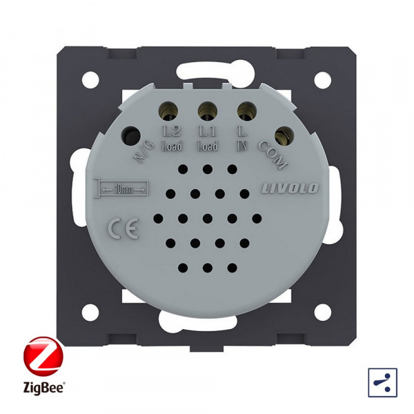 Двухклавишный проходной сенсорный выключатель Livolo ZigBee Quadro, цвет серый (механизм)